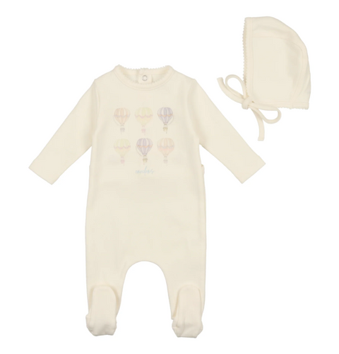 Bee & Dee Hot Air Balloon Print Footie With Bonnet Ivory Boys