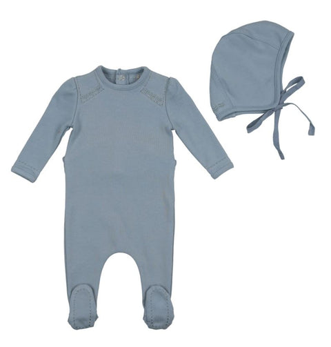 Bee & Dee Embroidered Cotton Footie With Bonnet Powder Blue