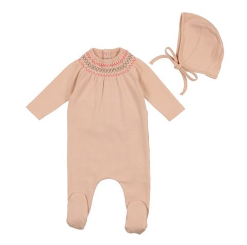 Bee & Dee Cotton Smocked Footie With Bonnet Blush