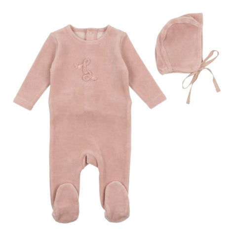 Bee & Dee Classic Velour Footie With Bonnet Rose Smoke