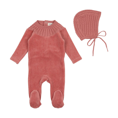 Bee & Dee Knit Collar Velour Footie With Bonnet Clay Pink