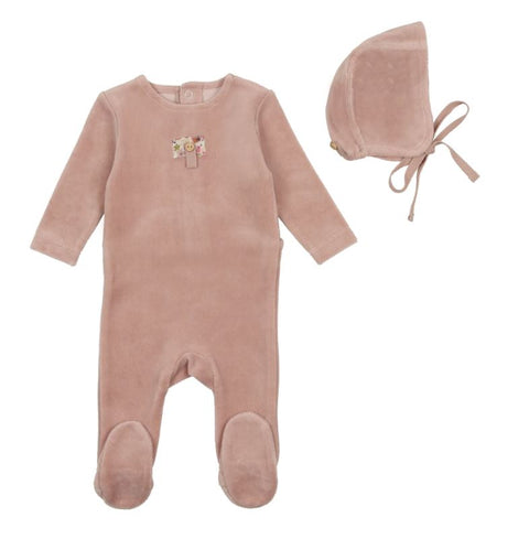 Bee & Dee Button Applique Velour Footie With Bonnet Mauve