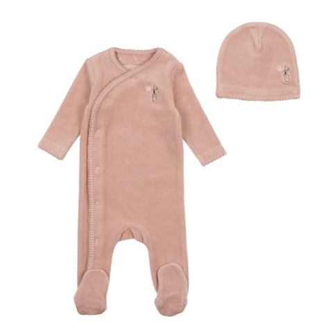 Bee & Dee Velour EMB Edge Footie With Beanie Dusty Pink